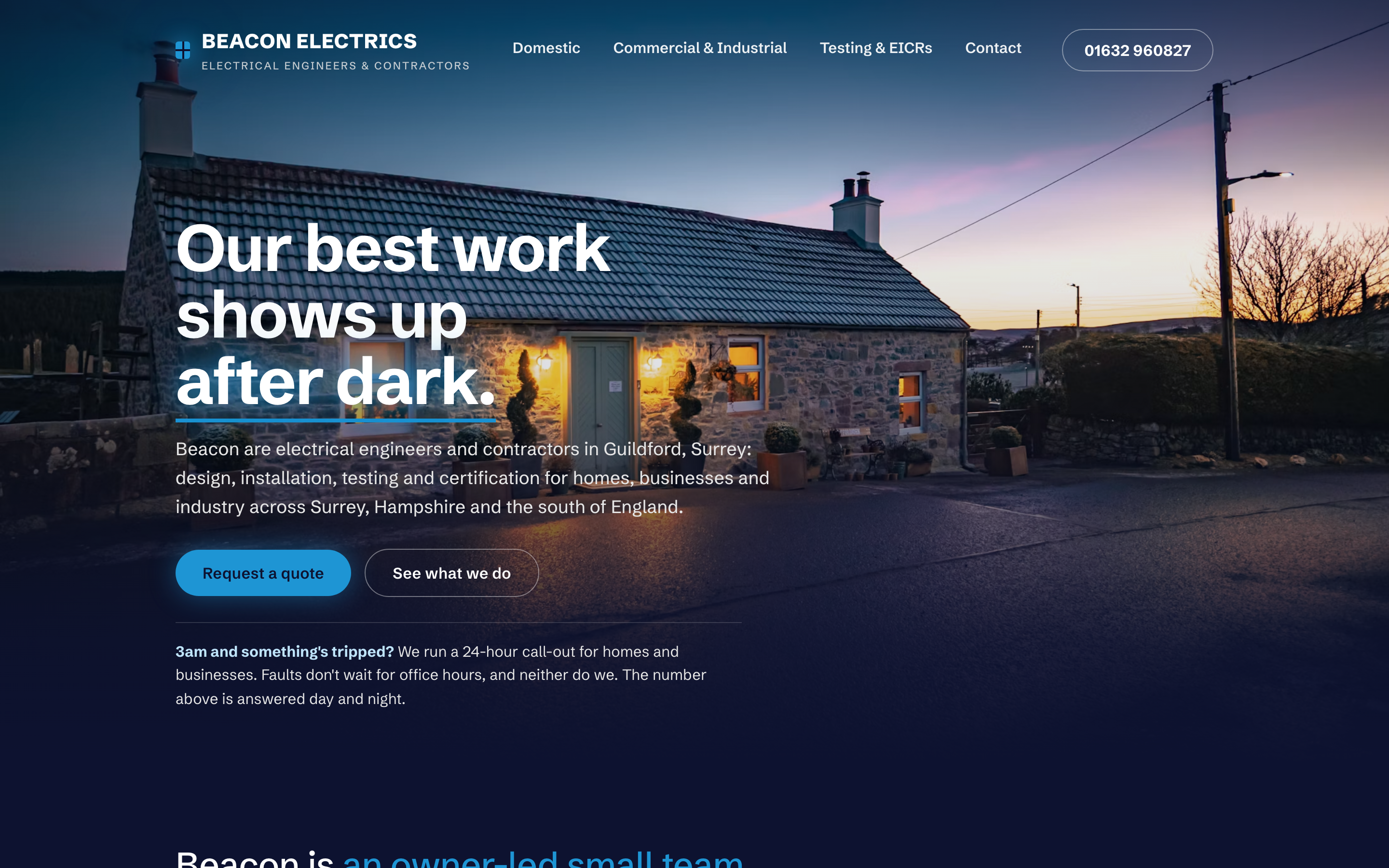 Homepage design concept for an electrical contractor: 'Our best work shows up after dark' over a stone cottage lit at dusk, with a request-a-quote button