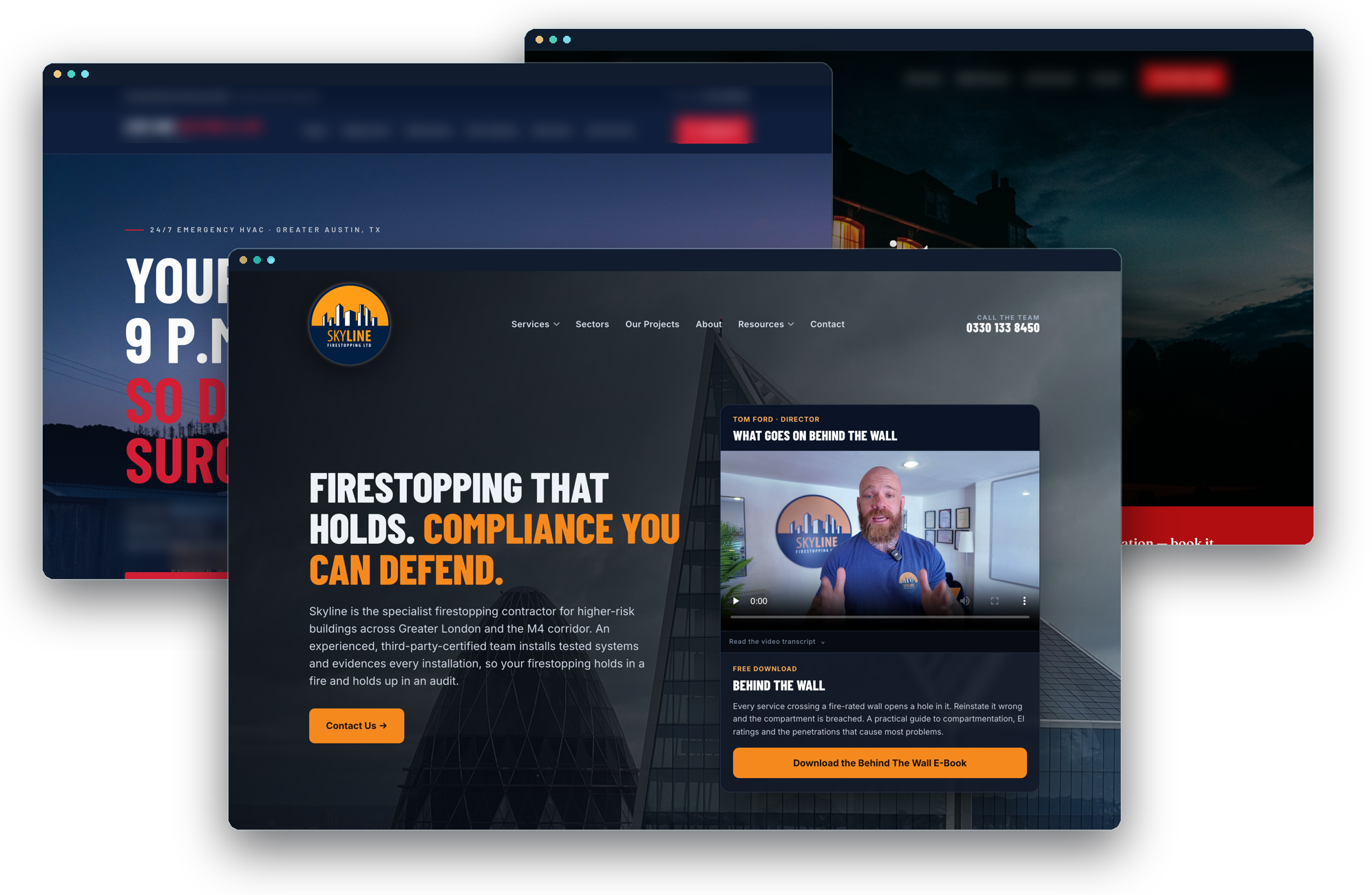 Three websites built through the same pipeline, the Skyline Firestopping site in front