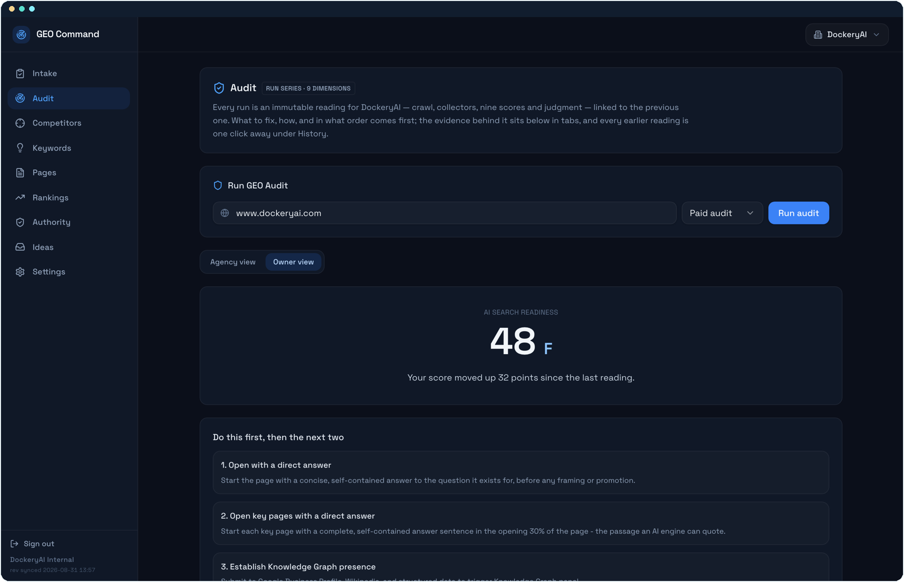 A site audit screen with an AI search readiness score and the fixes to make first