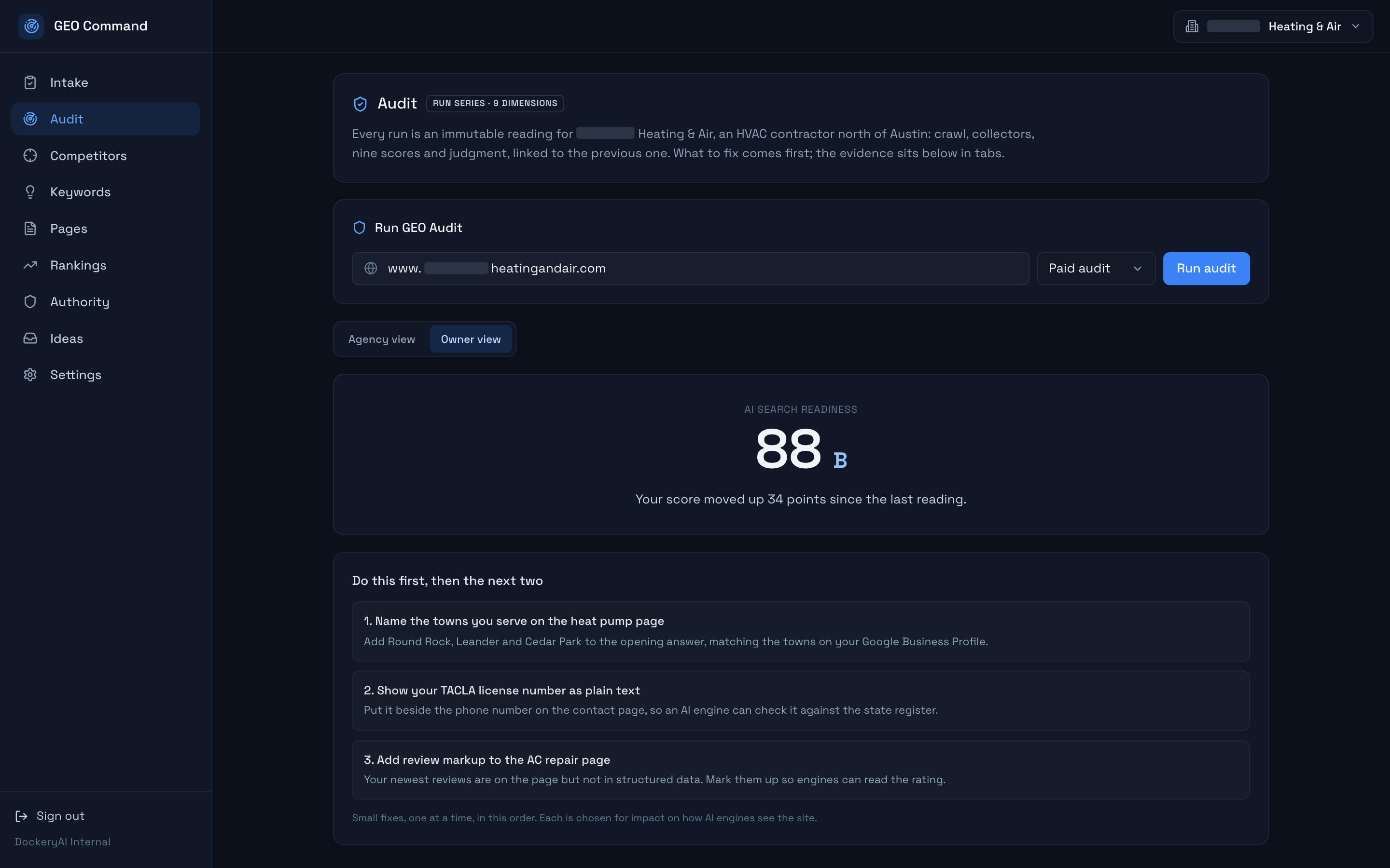 An example GEO Command reading for an HVAC contractor, name redacted: AI search readiness 88, a B, up 34 points, with three small fixes listed in order.