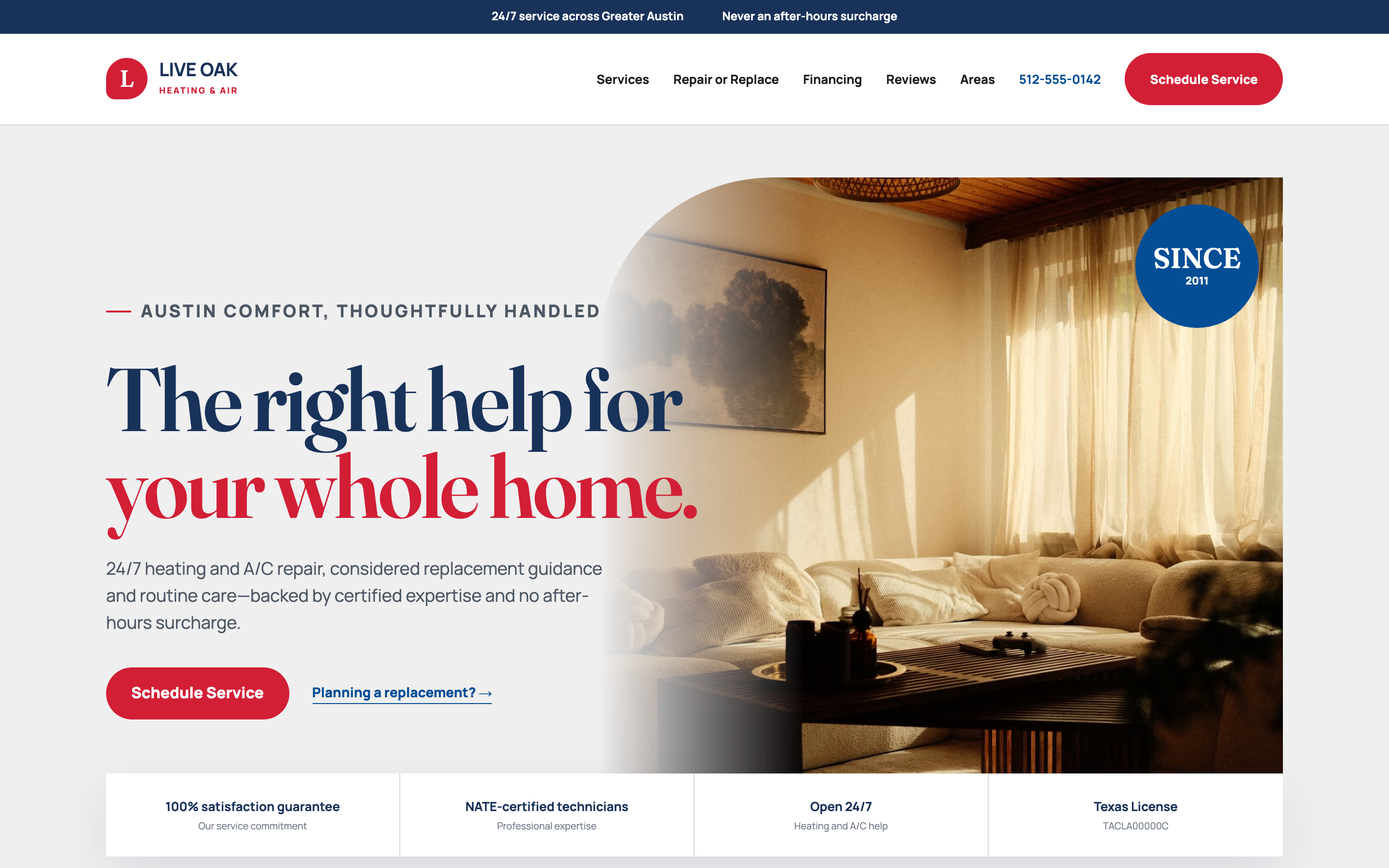 Homepage design concept for an HVAC contractor: 'The right help for your whole home.' beside a sunlit living room