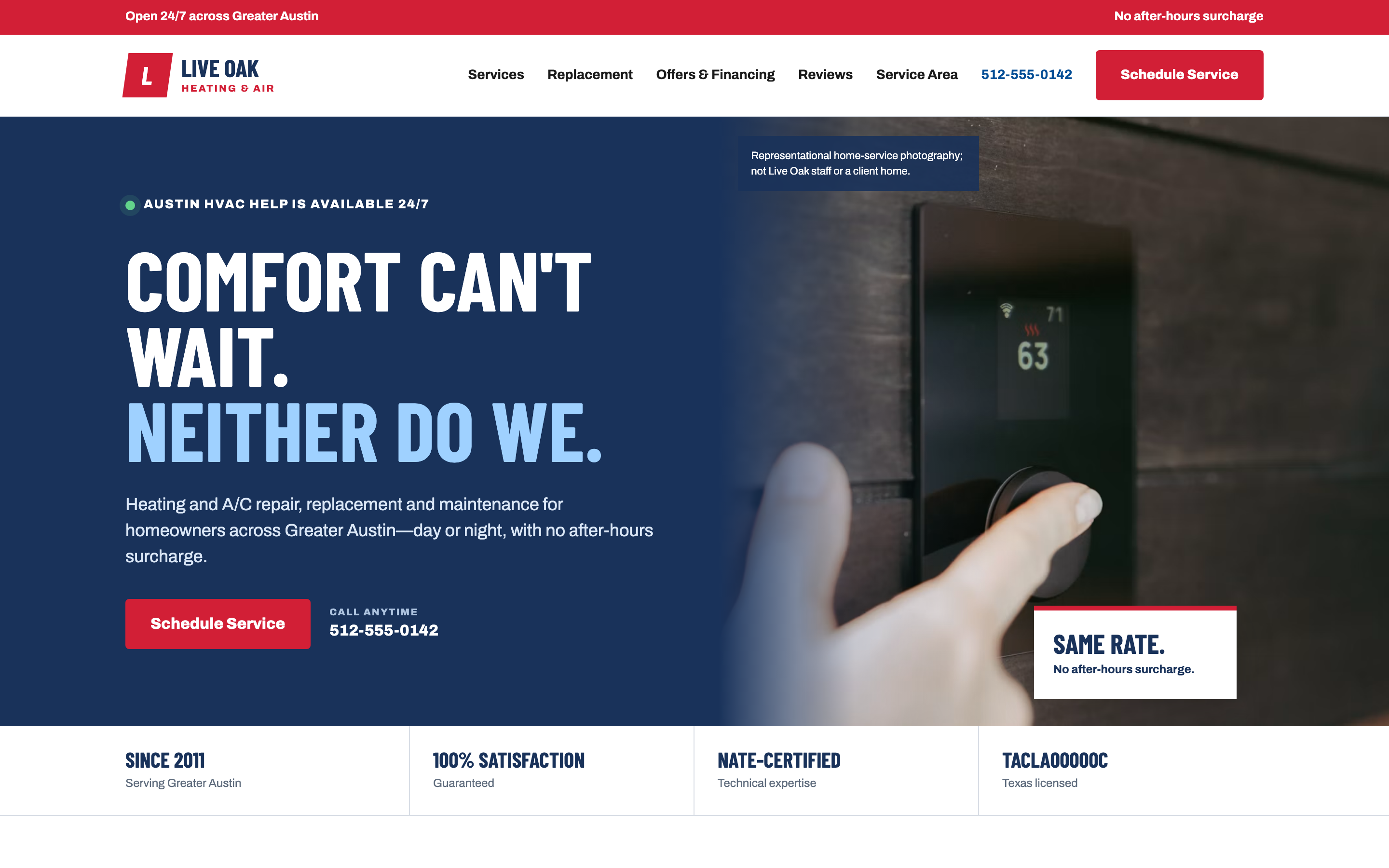 Homepage design concept for an HVAC contractor: 'Comfort can't wait. Neither do we.' beside a hand setting a thermostat, with a schedule-service button