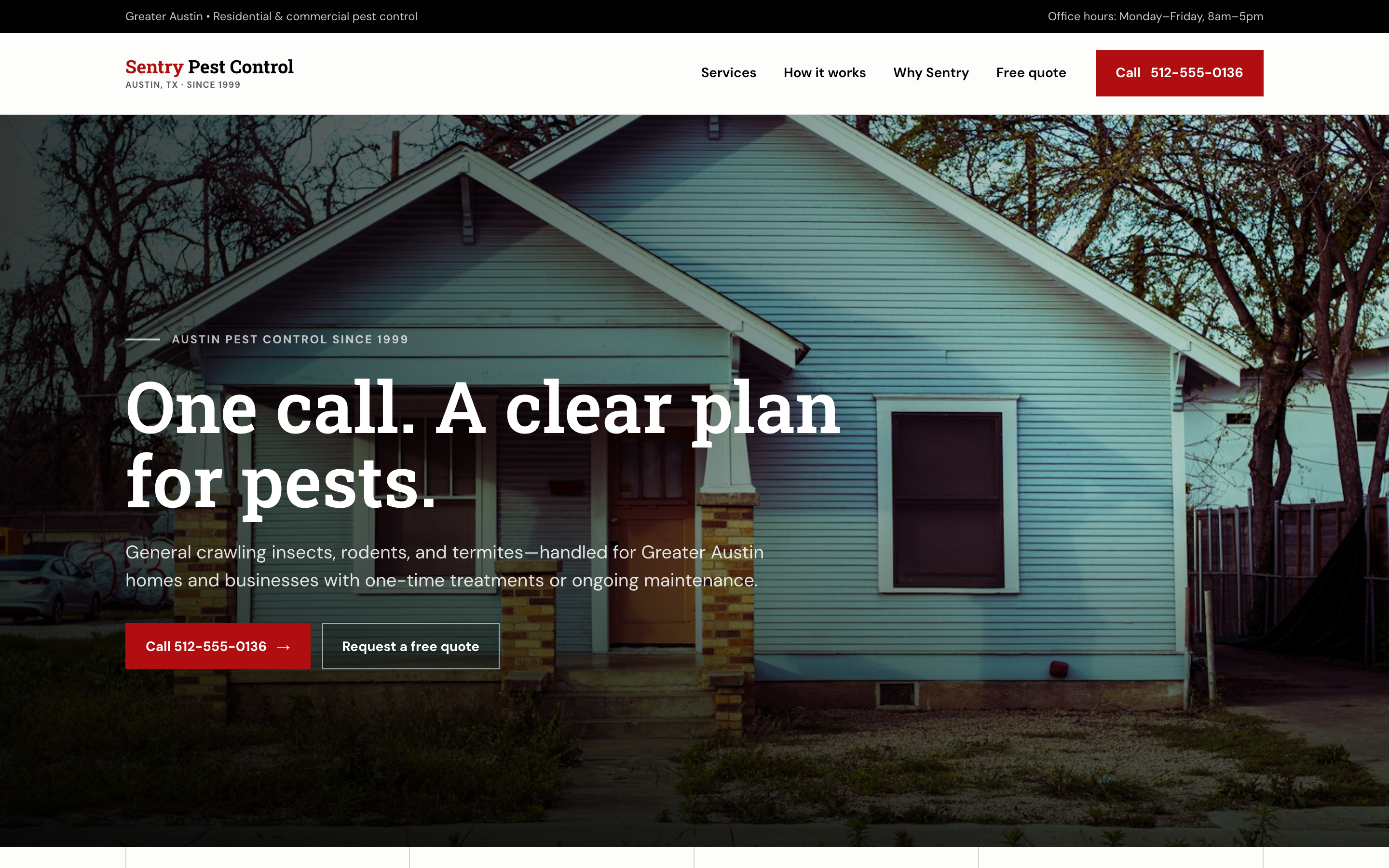 Homepage design concept for a pest control company: 'One call. A clear plan for pests.' over a clapboard house, with call and free-quote buttons