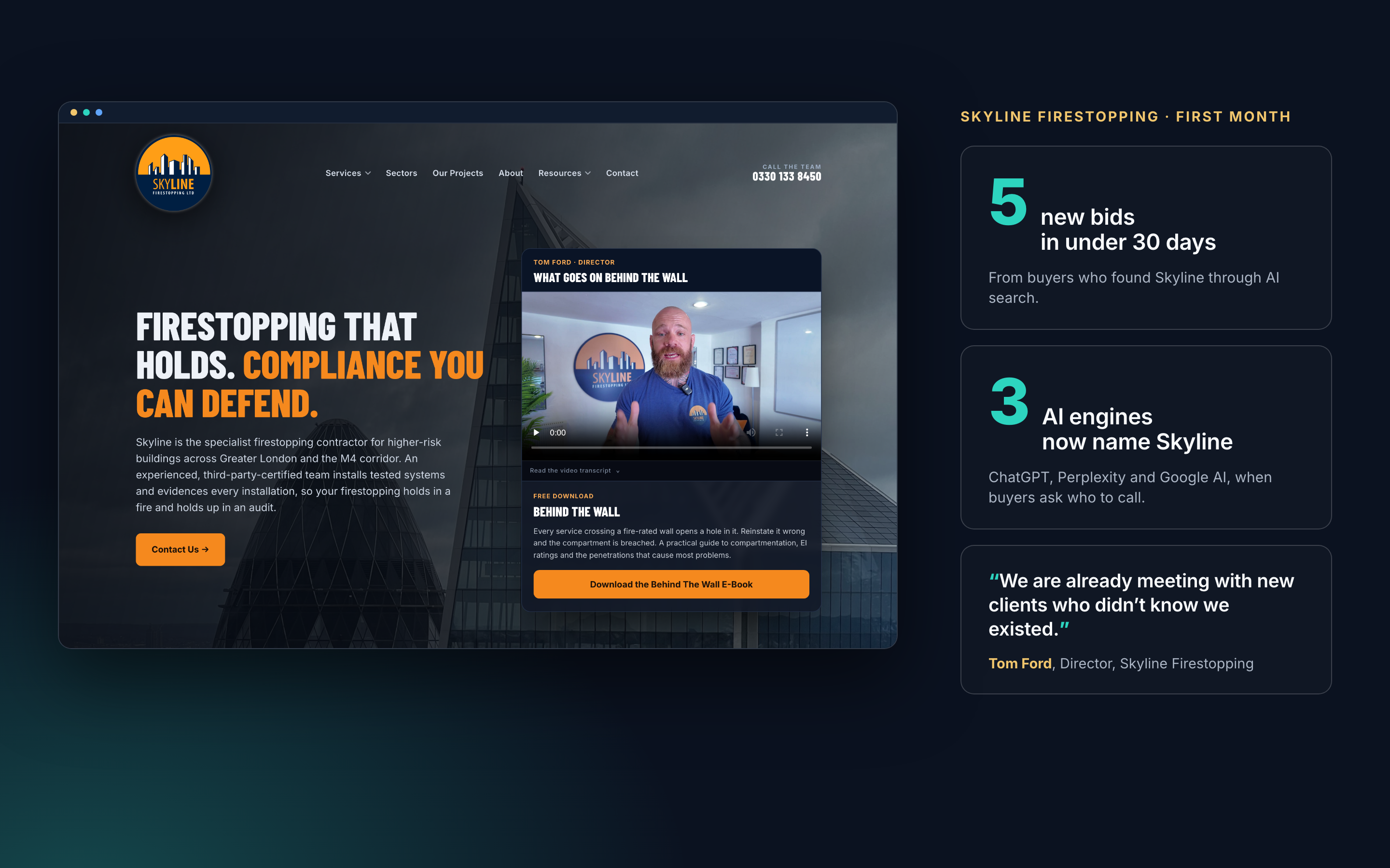 Skyline Firestopping’s live website beside what the SEO cost bought: five new bids in under 30 days, named in AI search