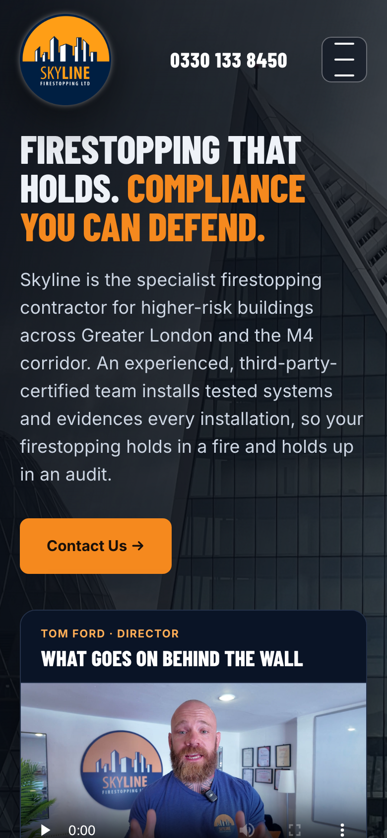 The same Skyline Firestopping site on a phone: headline, contact button and video card in one column