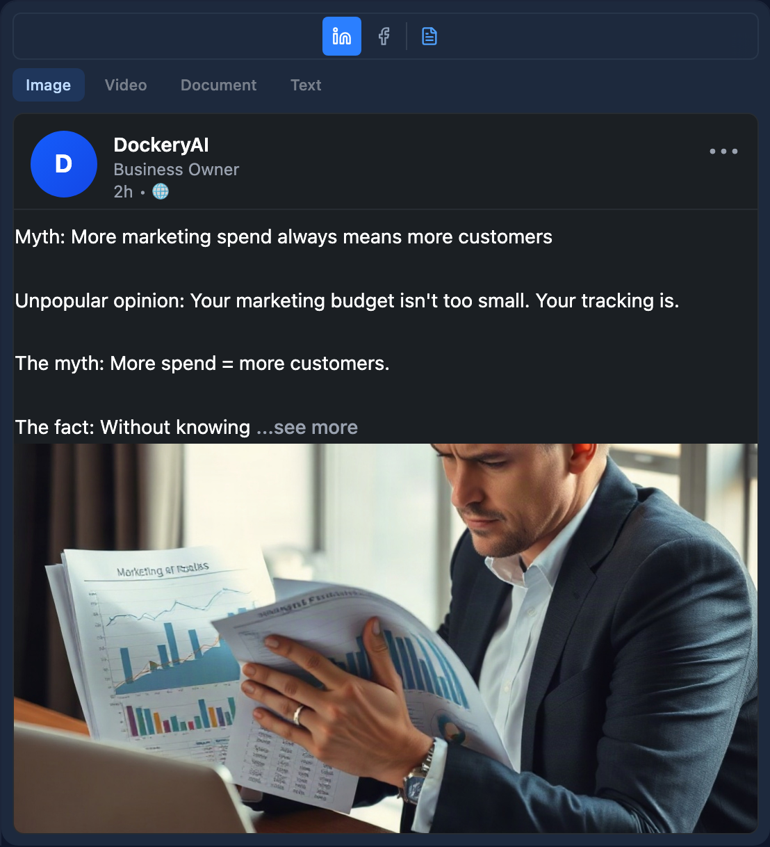 One post opened in Synapse, rendered exactly as it will appear on LinkedIn, with its image generated to match