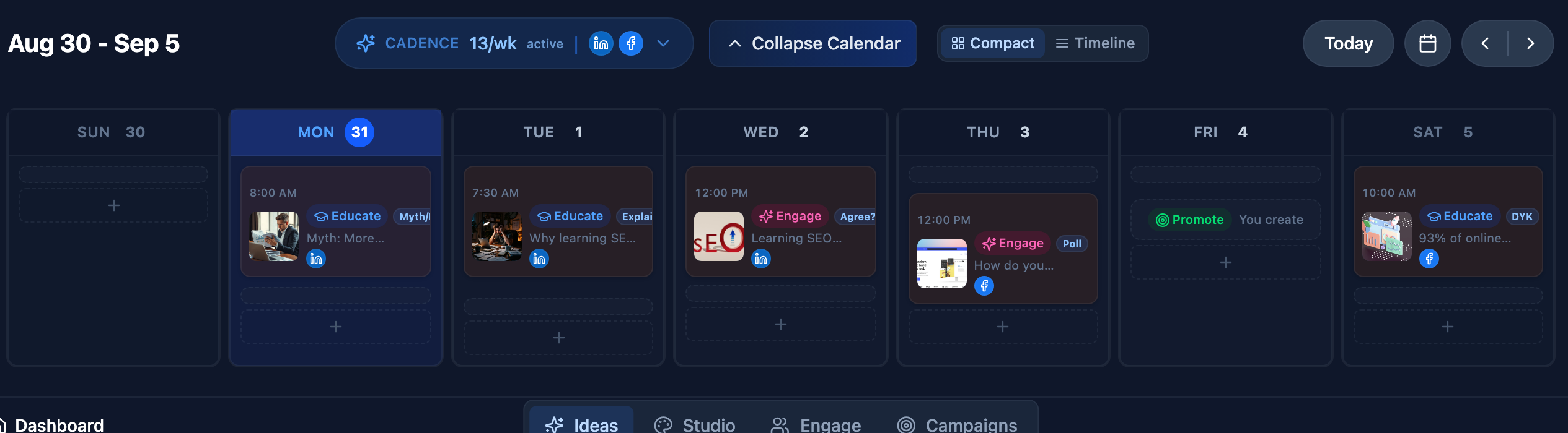 A week of posts from DockeryAI, the social media agency Austin owners hire: written, imaged and scheduled across LinkedIn and Facebook, published after approval.