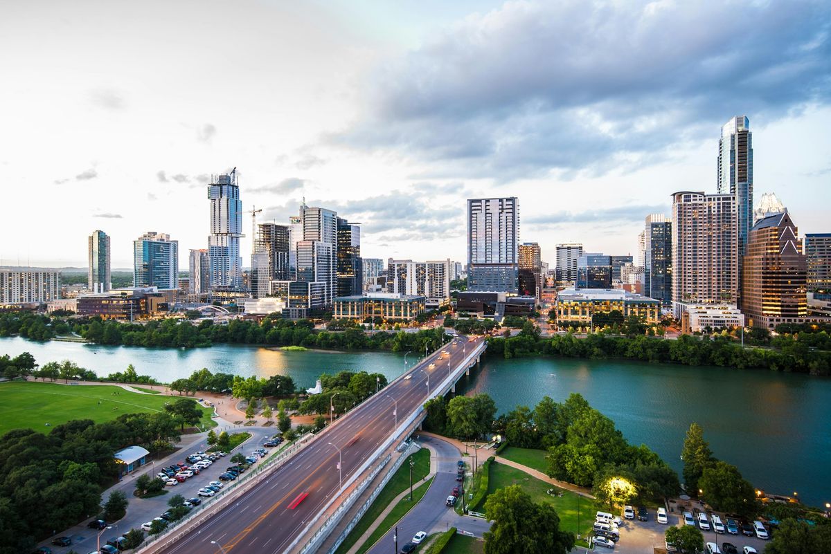 Aerial view of the Austin skyline and the Congress Avenue bridge